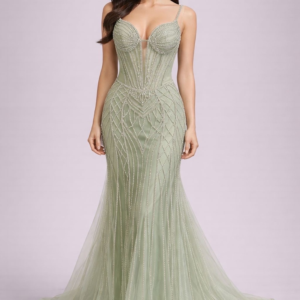 Prom dress Beaded Sage Tulle Mermaid Prom Dress